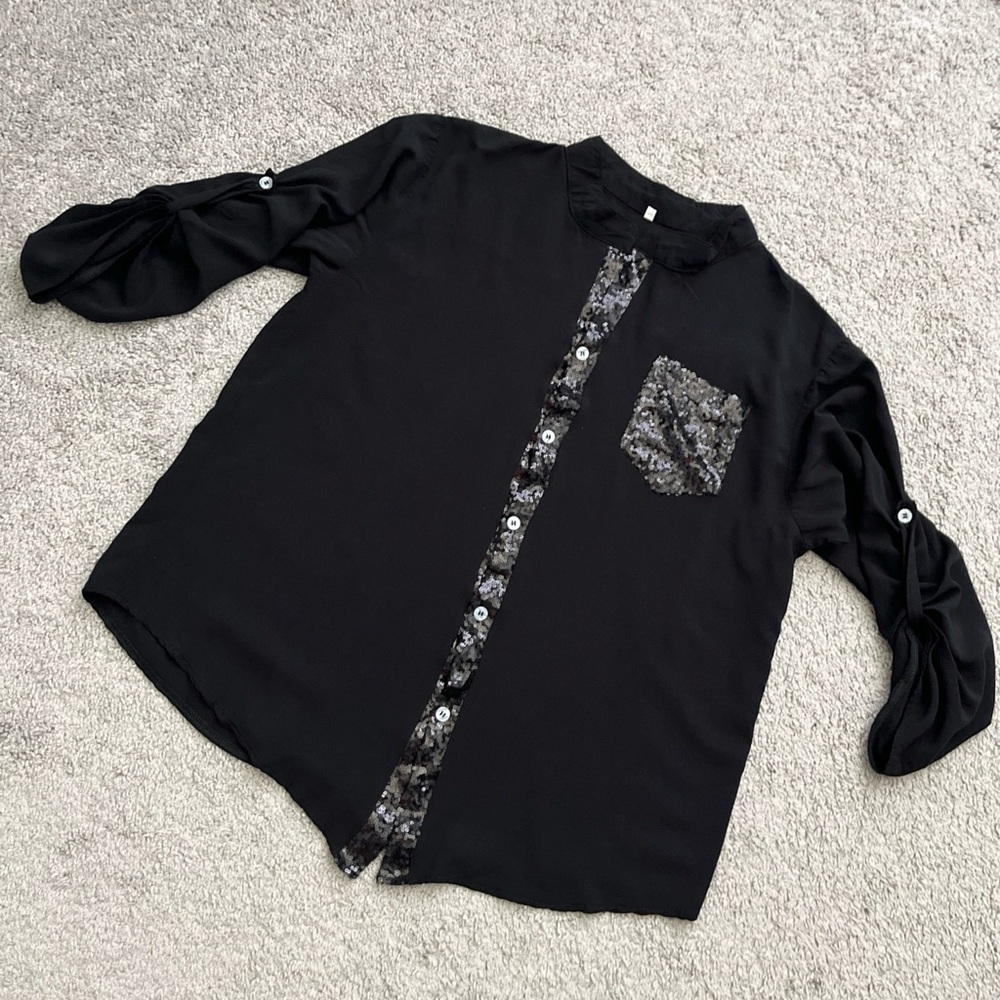 Women’s Sequin Button Down Long Sleeve Black Blouse Size XL